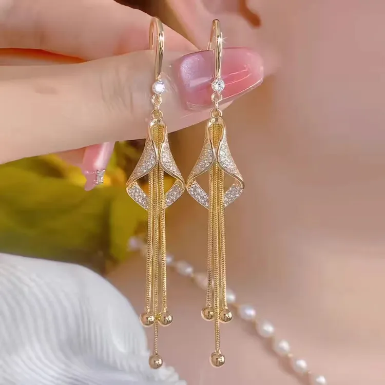 铜合金合成锆石耳饰 气质菱形长款流苏耳环简约N2648