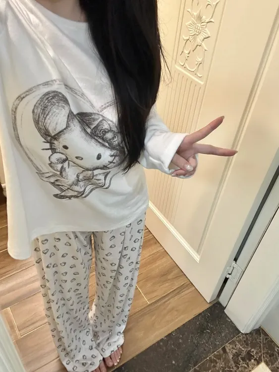 【DMXJ大梦想家】慵懒风少女Kitty带胸垫睡衣女秋冬新款家居服套装
