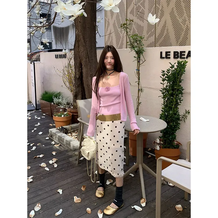 韩系甜美风休闲立体花朵吊带背心高级感时尚针织衫高腰显瘦半身裙