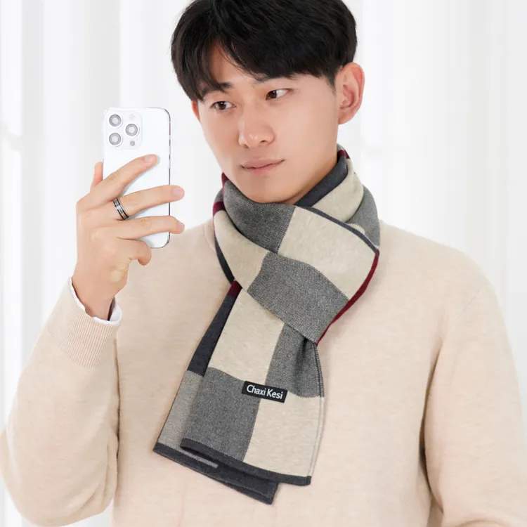 ChaxiKesi格子男士绵羊毛保暖围巾冬季英伦风加厚针织格纹百搭