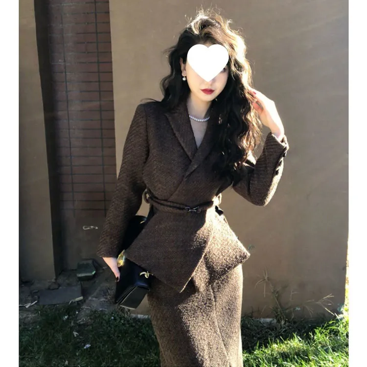 秋装搭配一整套高端气质洋气名媛小洋装高级感小香风毛呢半身裙套