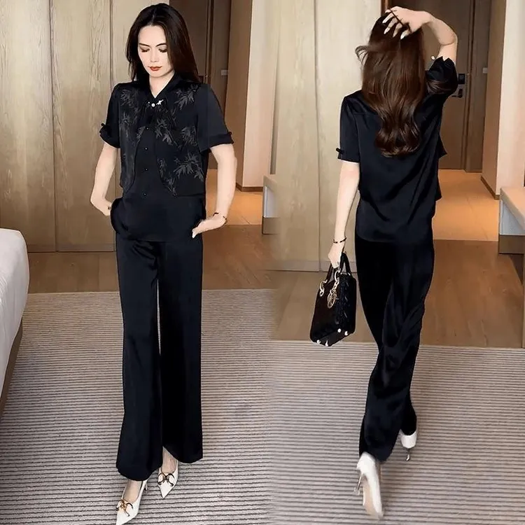 新中式时尚套装女2025夏季新款气质显瘦洋气印花衬衣阔腿裤两件套