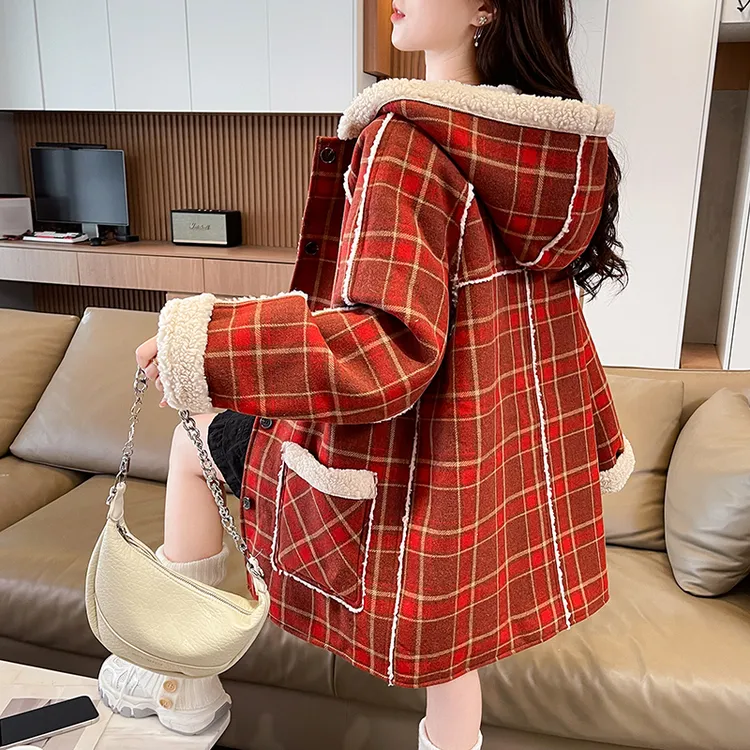 学院风两面穿圣诞红格子连帽外套女高级感初中高中学生加厚棉服冬