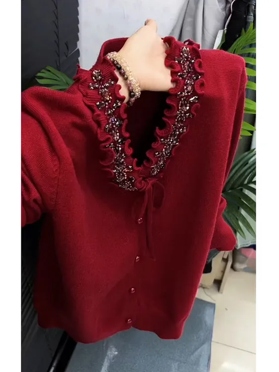 欧货高级感重工手工钉珠毛衣外套2025秋冬新款软糯气质显瘦针织衫