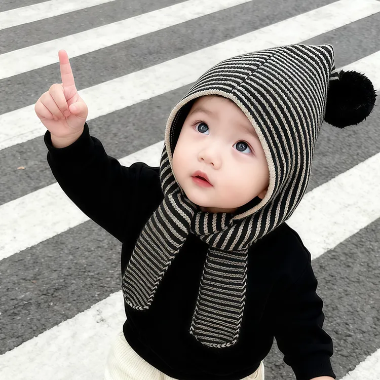 儿童帽子围巾一体帽秋冬季男童女童针织帽毛线帽护耳帽宝宝保暖帽