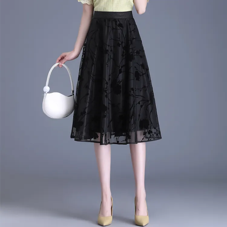 拉夏贝尔欧根纱蕾丝半身裙女中长款2025夏季时尚新款高腰修身伞裙
