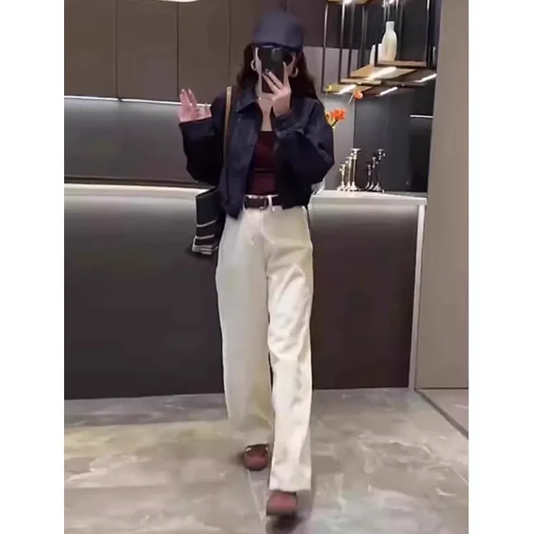 春季穿搭一整套复古港味设计感明线单排扣polo领衬衫阔腿裤套装潮