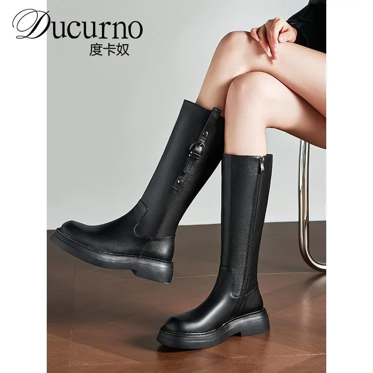 DUCURNO时尚圆头厚底不过膝长靴女侧拉链帅气显瘦真皮黑色骑士靴
