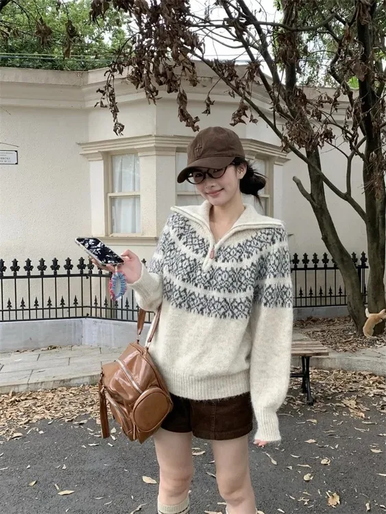 老钱风费尔岛高领毛衣女秋冬2025新款慵懒宽松拉链翻领针织衫上衣