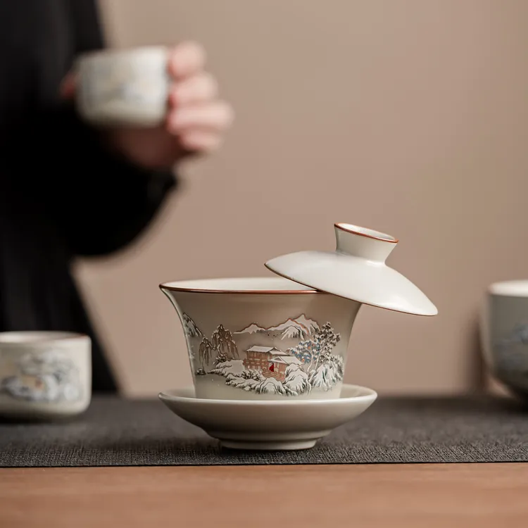 米黄汝窑功夫茶具家用泡茶悬停盖碗品茶碗陶瓷公道杯茶壶茶杯配件