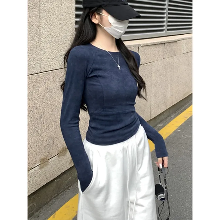 美式复古修身长袖T恤女秋季内搭打底衫鱼骨显瘦设计感小众上衣潮