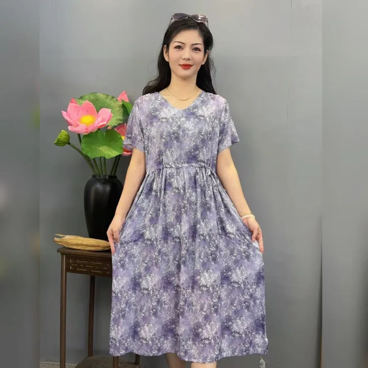 【木棉】新款棉绸连衣裙夏季薄款宽松短袖显瘦遮肚连衣裙收腰