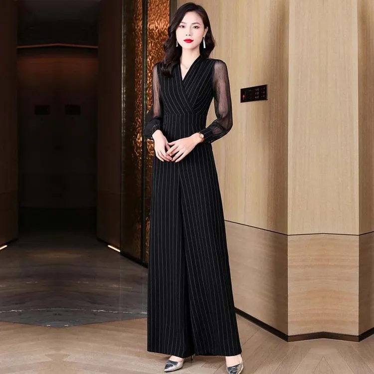 女装长袖显瘦气质轻奢时尚黑色百搭蕾丝网红修身复古连体裤D3130