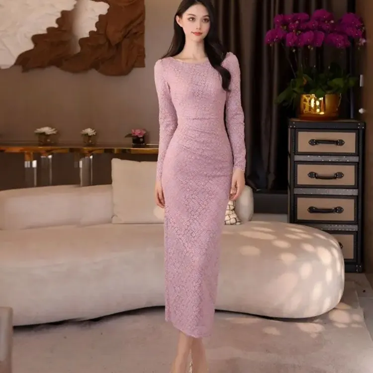 长袖连衣裙2025早春夏季新款法式修身显瘦收腰气质包臀裙蕾丝长裙