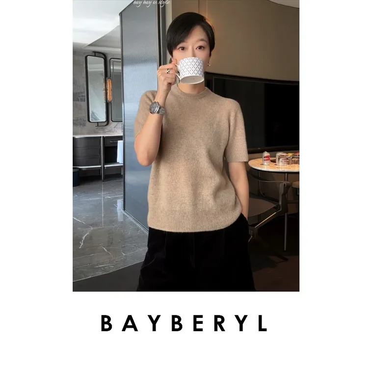 BAYBERYL老贝过渡衫*羊绒柔短袖秋百搭圆领针织衫ZZS5H2702-9/28