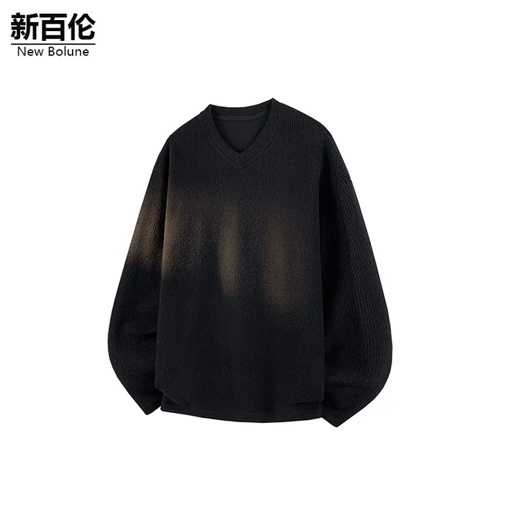 新百伦/NEW BOLUNE重磅慵懒风T恤男秋季新款潮流百搭V领宽松长袖