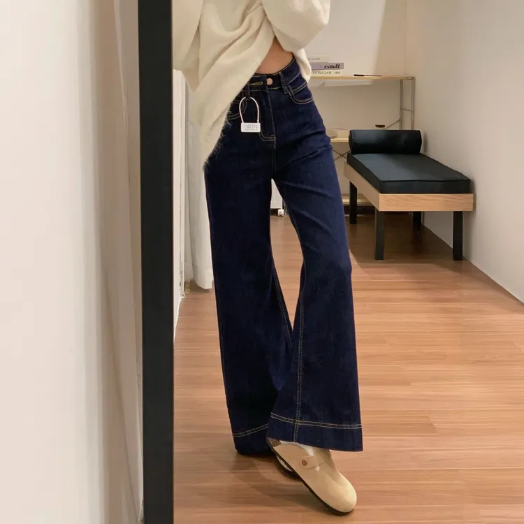 美式丹宁蓝直筒微喇牛仔裤女弹力高腰显瘦显腿长慵懒百搭阔腿裤子