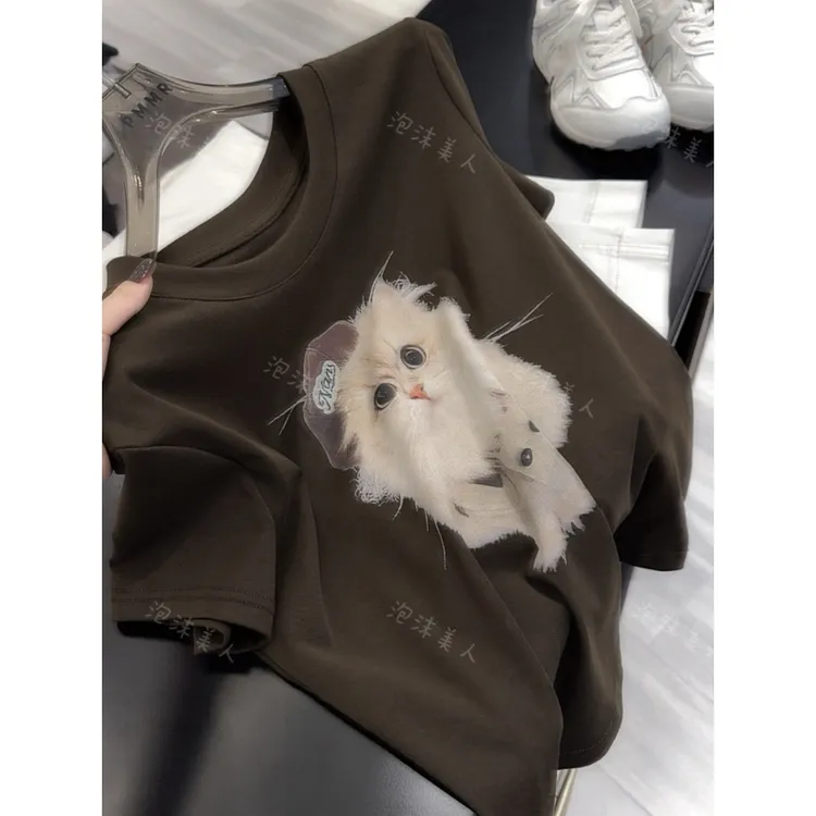 巧克力猫咪·韩系甜酷猫咪印花短袖T恤 衣长59-63 胸围94-102商品图