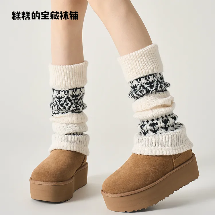 费尔岛袜套女秋冬款堆堆袜加厚保暖小腿袜配雪地靴腿套冬天长筒袜