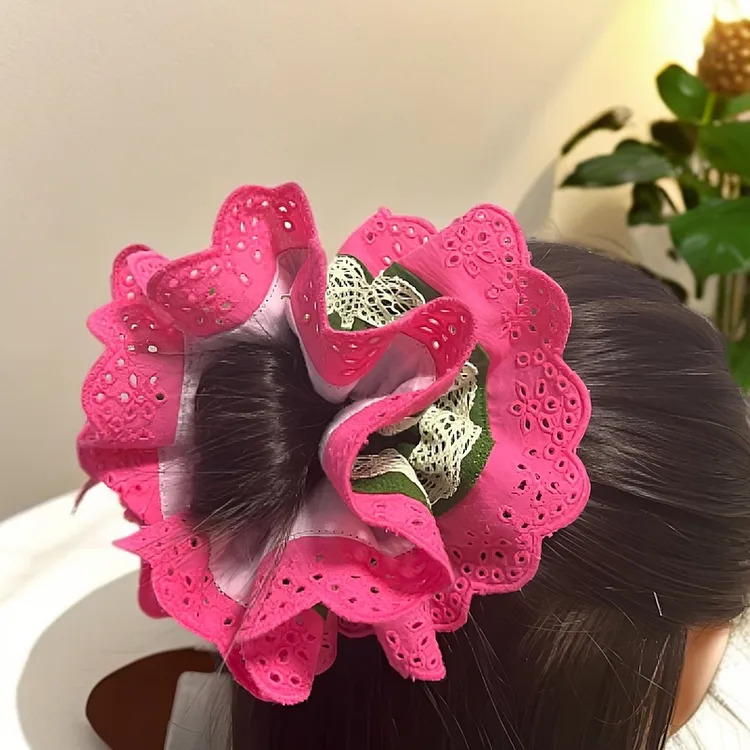 双层撞色发圈花边日韩春天粉色可爱手作褶皱蕾丝多层火龙果色原创
