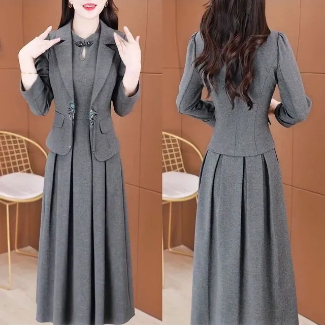 2025年秋季新款时尚显瘦国风套装女盘扣长袖外套背心裙中式两件套