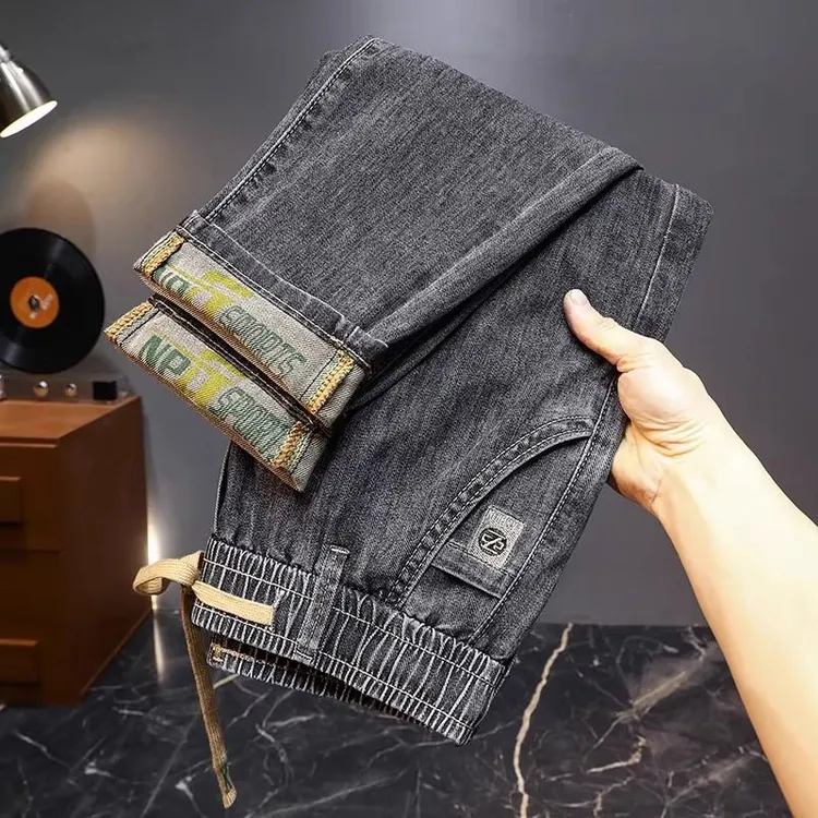 HTKD夏季薄款松紧腰牛仔裤男款锥形直筒裤修身百搭2025新款长裤子