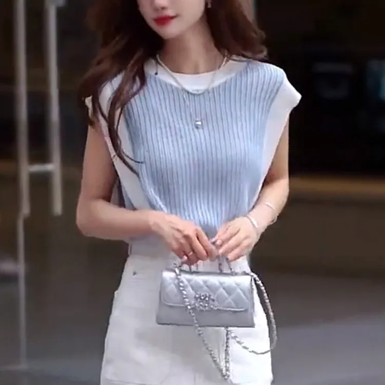 洋气撞色拼接小飞袖针织衫女夏季新款短袖T恤宽松休闲上衣