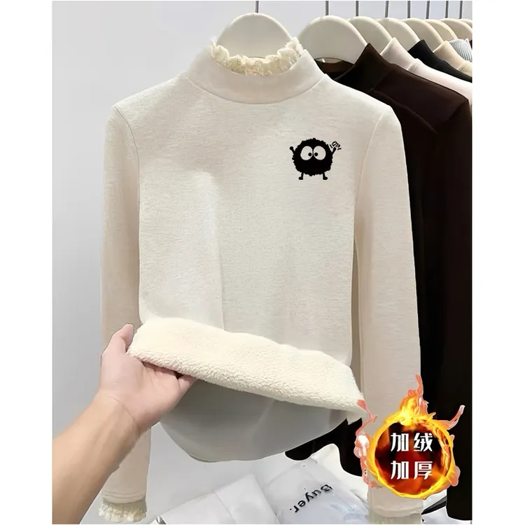 女童半高领打底衫冬季保暖奥粒绒中大童一体绒加厚花边长袖套头衫