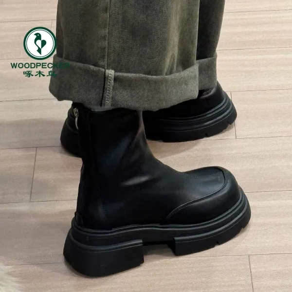 啄木鸟黑色英伦风厚底马丁靴女英伦风春秋单靴2025秋冬短筒瘦瘦靴
