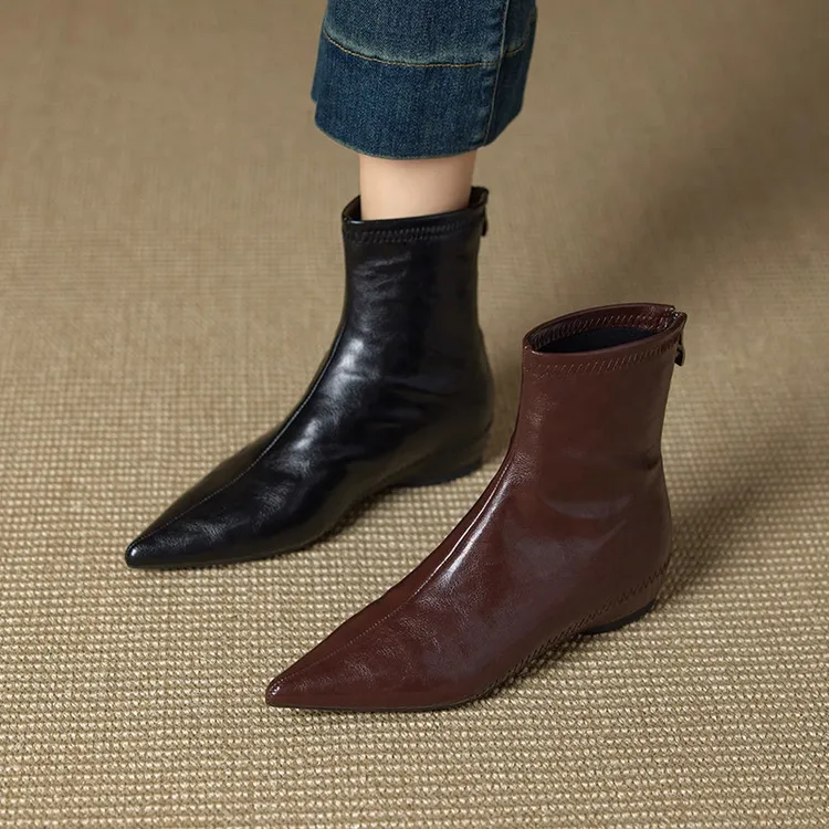 真皮百搭短靴复古风女靴裸靴复古女单靴内增高冬季尖头短筒靴