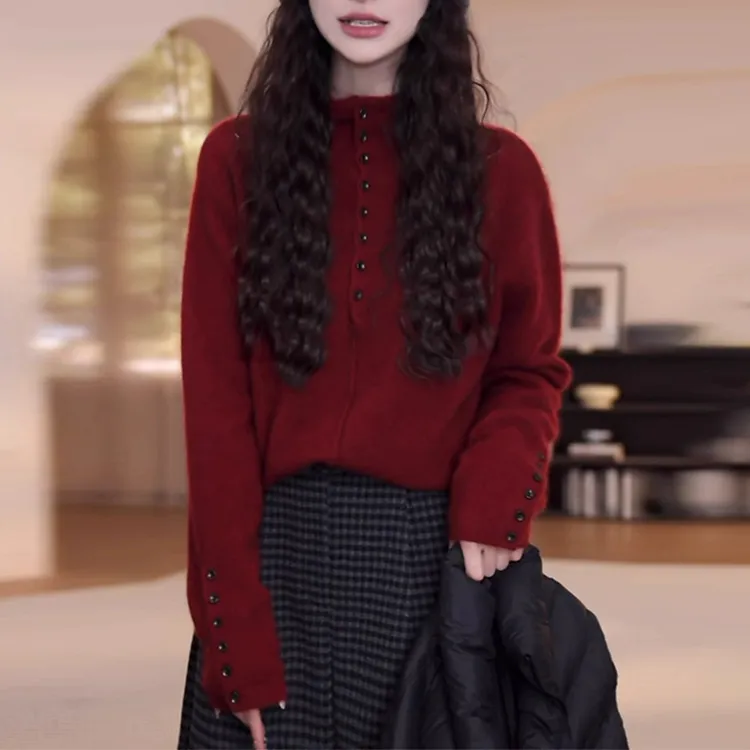 复古港风纯色设计感长袖针织衫女2025冬季新款氛围感甜美显瘦衣服