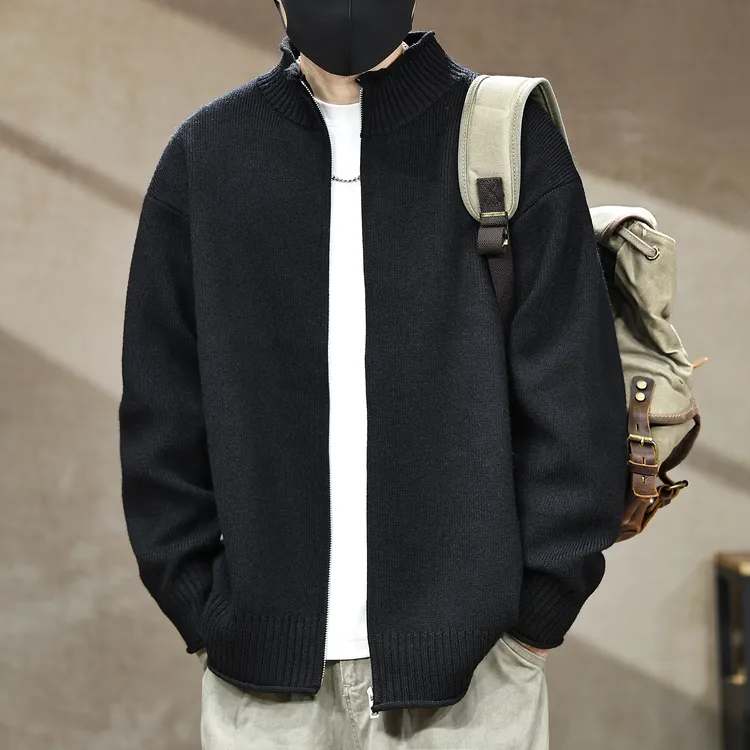 930g重磅加厚保暖开衫毛衣男秋冬新款宽松大高端立领针织衫外套潮