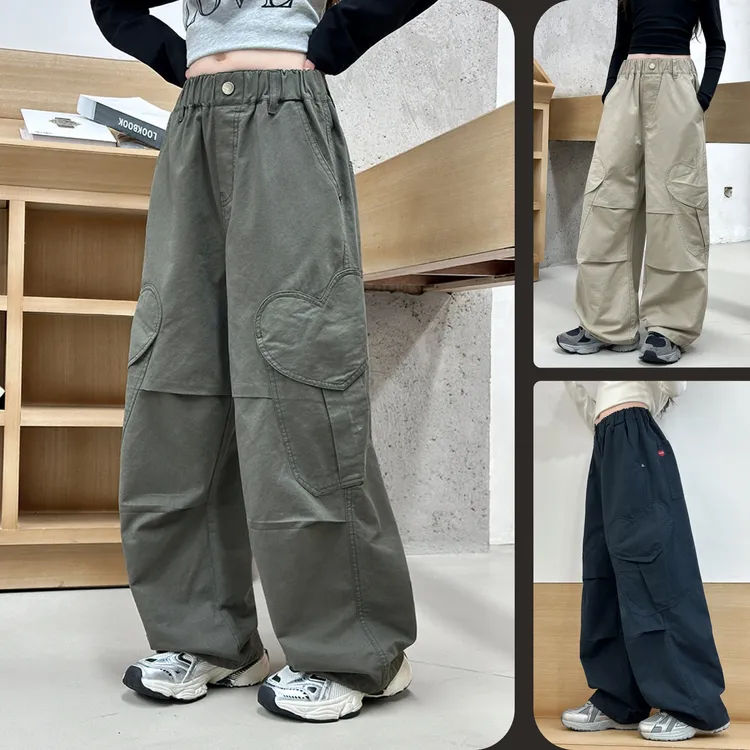 女童秋季时尚休闲口袋爱心工装裤6~12岁中大童宽松洋气韩版百搭潮