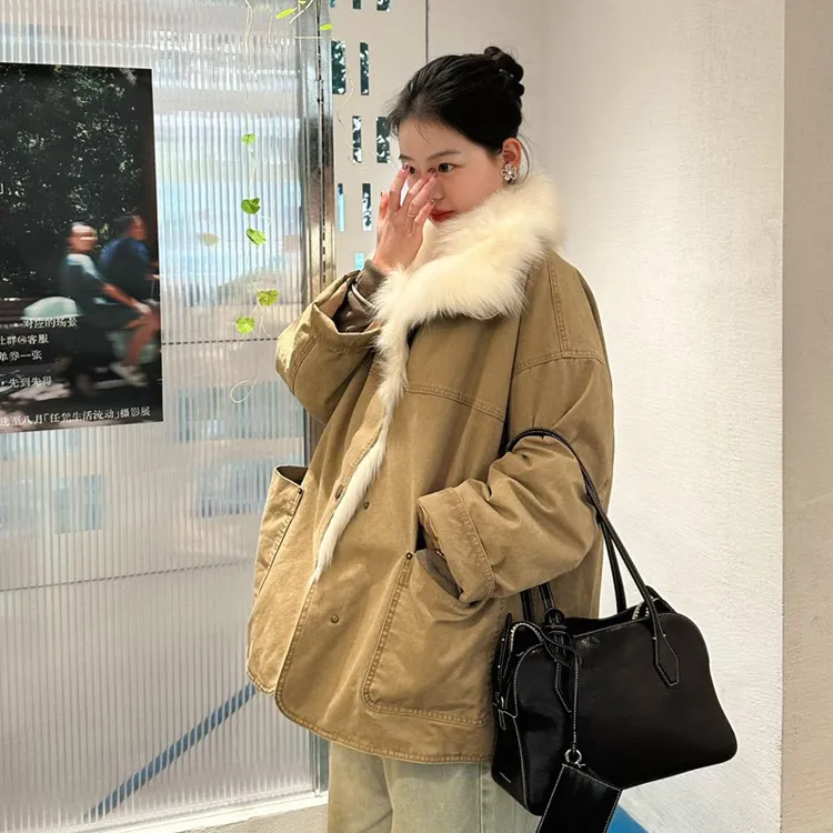 酷飒工装风派克棉服外套女2025冬季新款复古毛领保暖加厚韩版棉衣