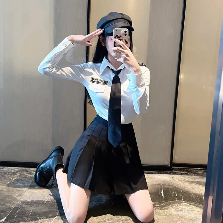 实拍空姐jk制服套装女秋季职业装长袖领带衬衣+高腰百褶短裙