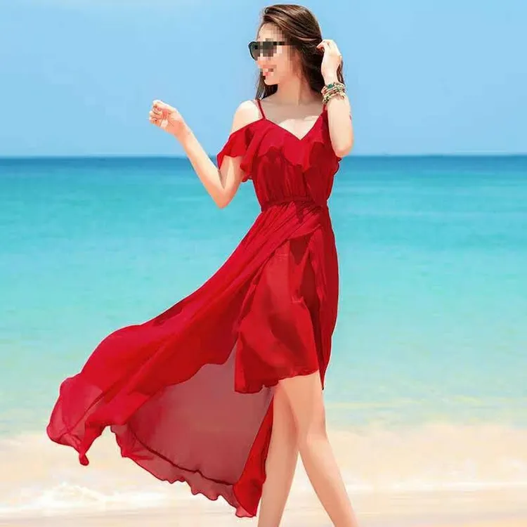 巴厘岛红色沙滩裙海边度假仙女显瘦白色吊带连衣裙夏波西米亚长裙