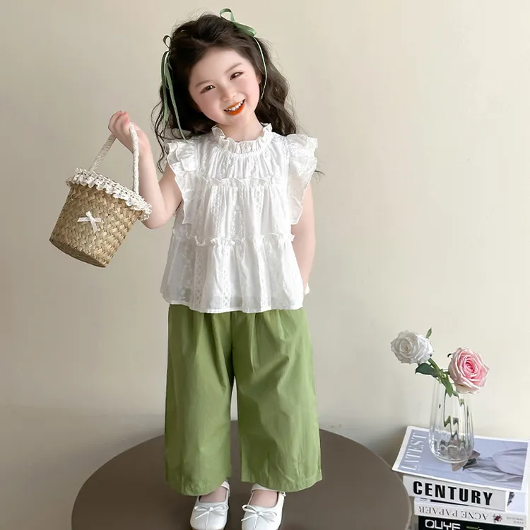 女小童韩系套装夏装2025新款儿童木耳边娃娃衫女宝宝阔腿裤两件套