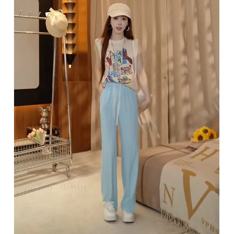 欧货洋气减龄高级感宽松显瘦无袖背心上衣肌理感高腰阔腿裤两件套