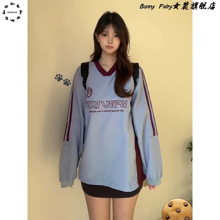 美式复古v领卫衣女春季款字母印花球衣长袖潮牌宽松情侣运动上衣