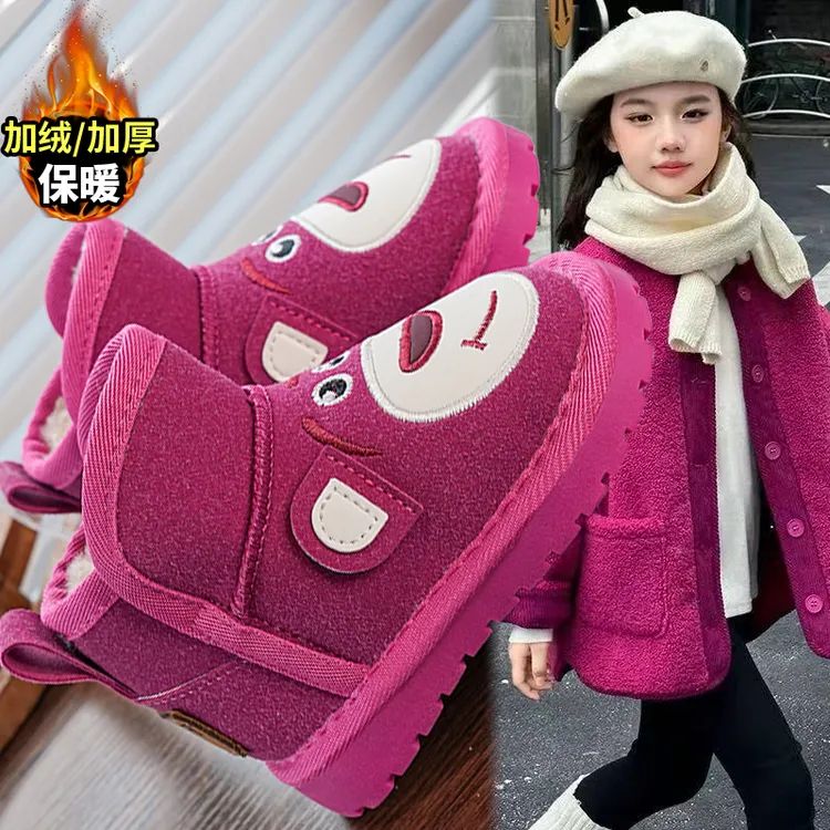 ABC草莓熊儿童雪地靴2025新款冬季棉靴加绒加厚短靴卡通女童靴子