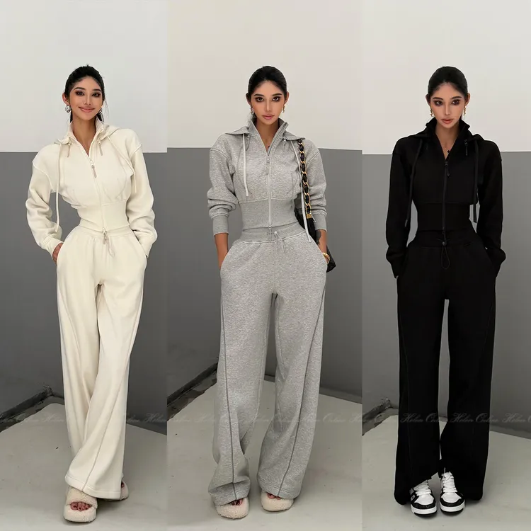 HELEN【Lulu版】休闲套装"黑科技拉绒保暖"可拆连帽立领卫衣阔腿裤