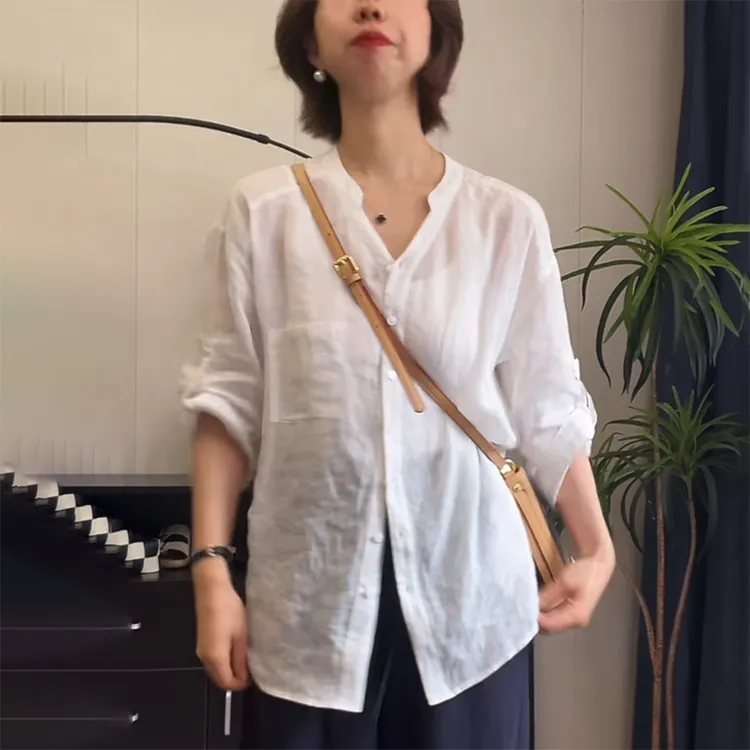 白色v领防晒亚麻衬衫女2025新款夏季高级感减龄洋气宽松休闲上衣