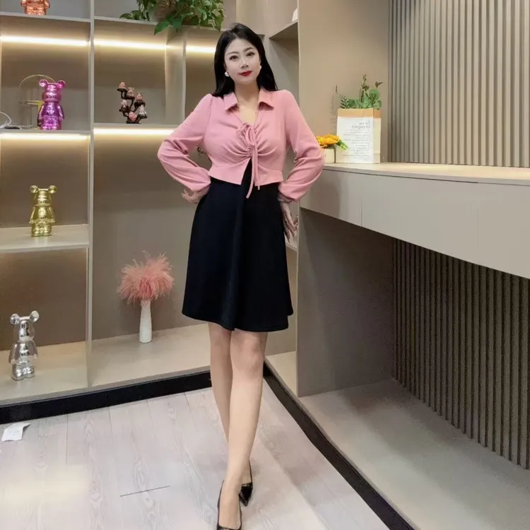 冬季连衣裙-甜 时尚潮流抽绳设计拼接显瘦百搭款胖MM大码女装新款