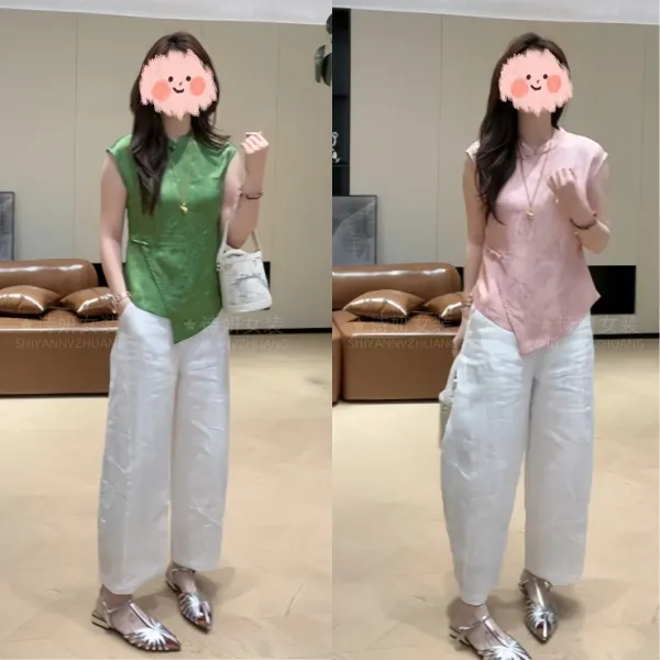 夏季中式国风提花不规则无袖立领上衣单排扣设计感高腰阔腿裤套装