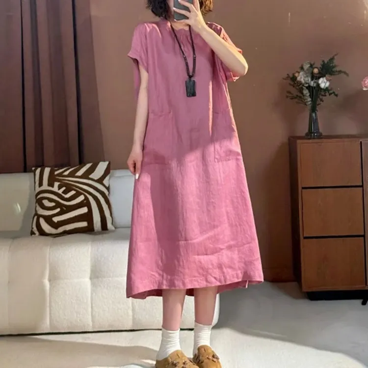 2025夏季新款设计感大口袋圆领连衣裙女时尚宽松显瘦直筒纯色长裙