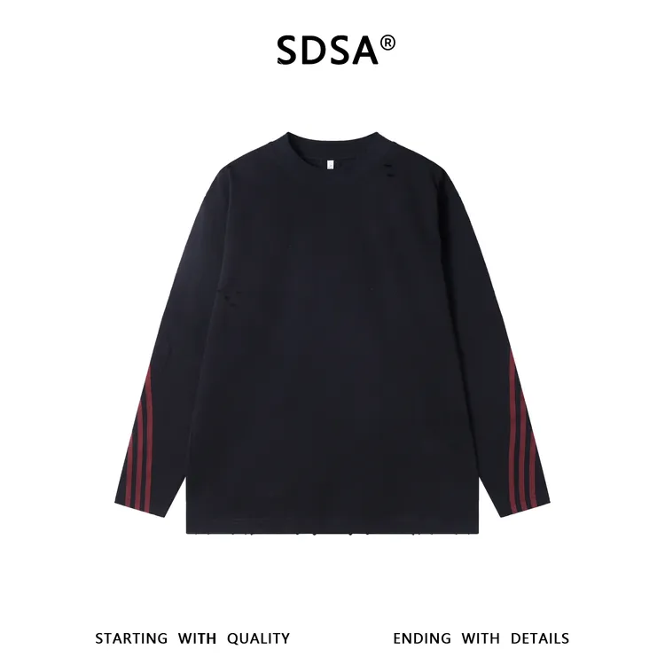 SDSA男士秋冬新款痞帅男装韩版撞色织带破洞圆领长袖T恤百搭宽松