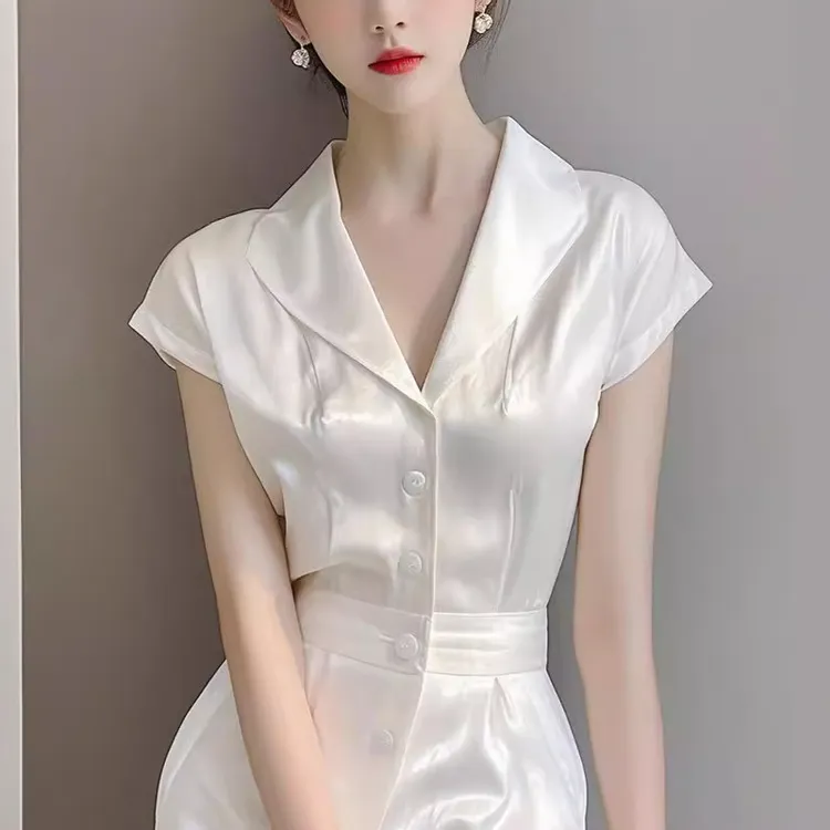 小个子显身材一体式高腰连衣裤2025夏季欧货高端白色缎面连体裤女