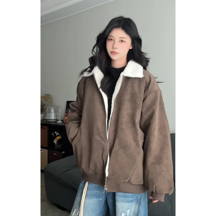 美式翻领工装棉服外套男冬夹棉保暖加绒加厚jPU皮机车服棉衣夹克