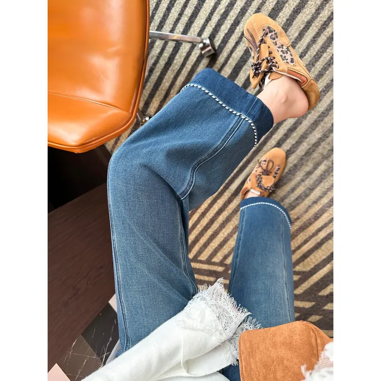 明线拼接窄版九分直筒裤女2025秋季新款小个子梨形身材阔腿牛仔裤