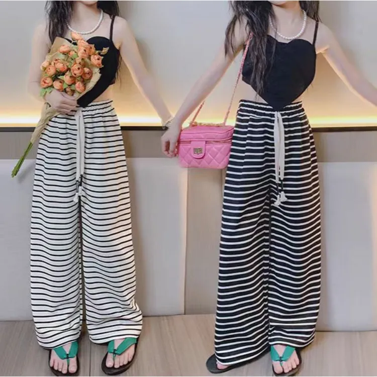 儿童阔腿裤新款宝宝宽松休闲裤中大童女童条纹裤春秋款亲子款裤子